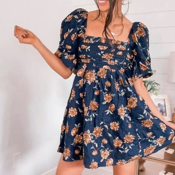 Abercrombie & Fitch Emerson Linen-Blend Puff Sleeve Mini Dress Size Small Tall - Picture 1 of 6